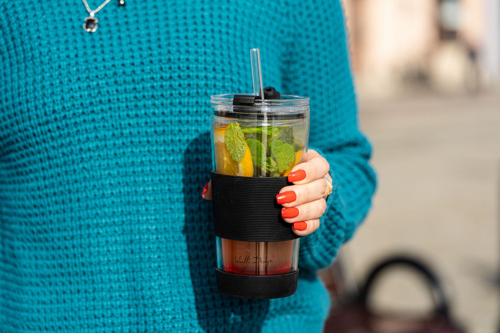 KUBEK TERMICZNY SZKLANY ZE SŁOMKĄ 600 ML czarny - obrazek 3