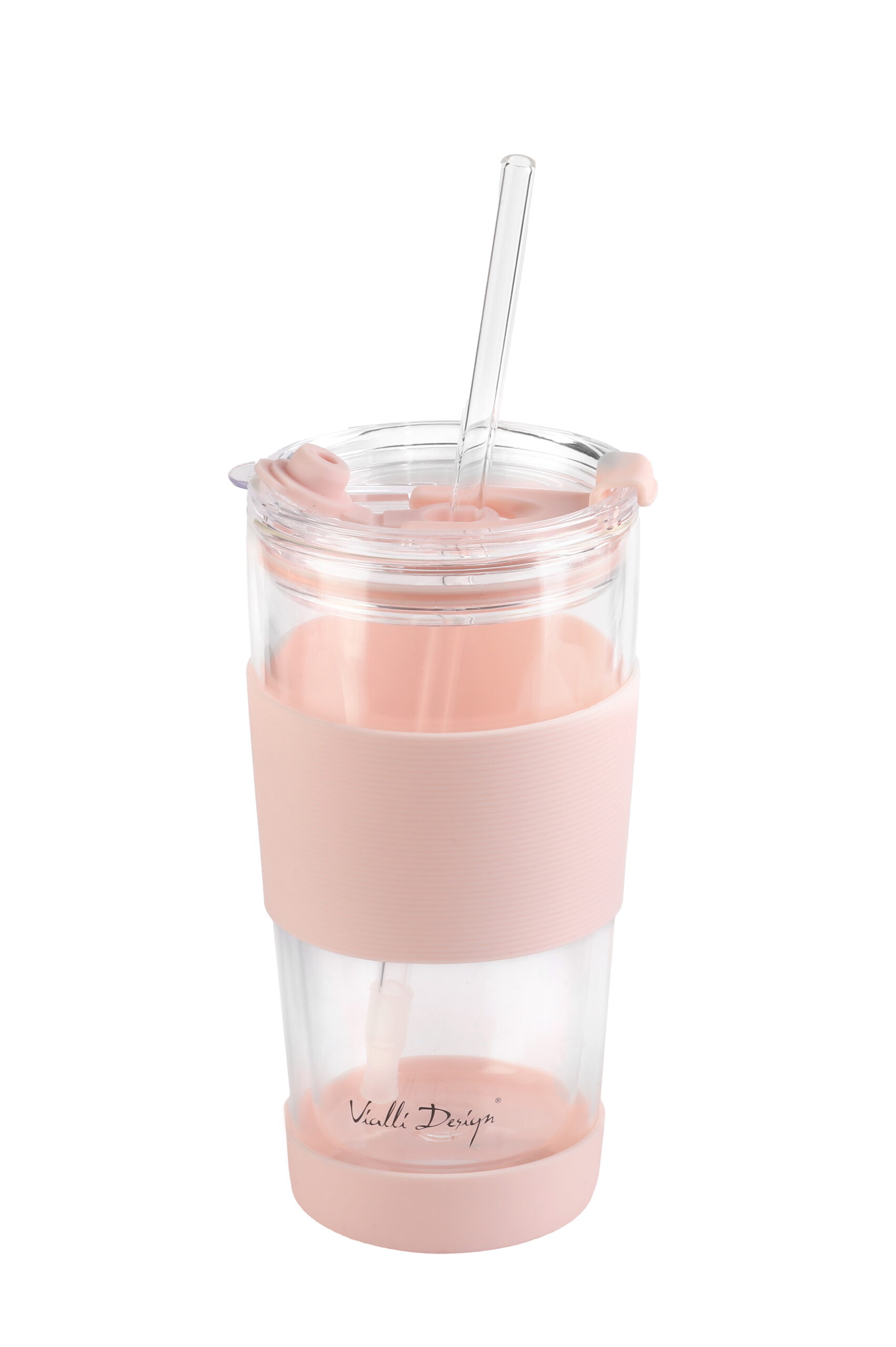 KUBEK TERMICZNY SZKLANY ZE SŁOMKĄ 600 ML różowy - obrazek 3